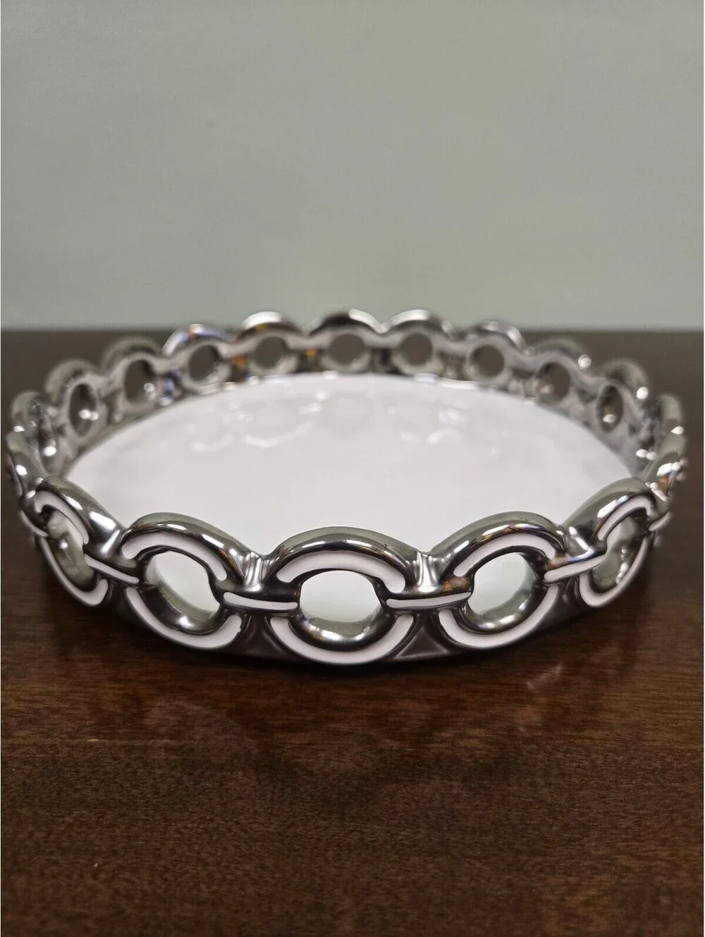 Cookin’ Up White Ceramic Silver Tone Openwork Serving Bowl Centerpiece
